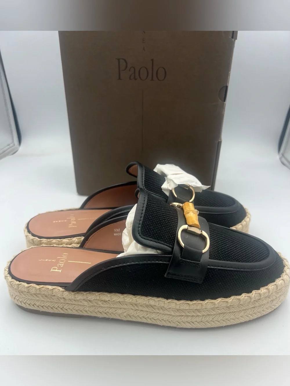 Linea Paolo Shiloh Bamboo Espadrille Mules Black w/Nappa Leather Trim Size 9 NWB